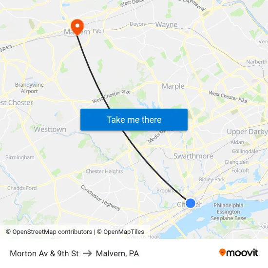 Morton Av & 9th St to Malvern, PA map