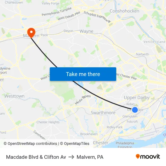 Macdade Blvd & Clifton Av to Malvern, PA map