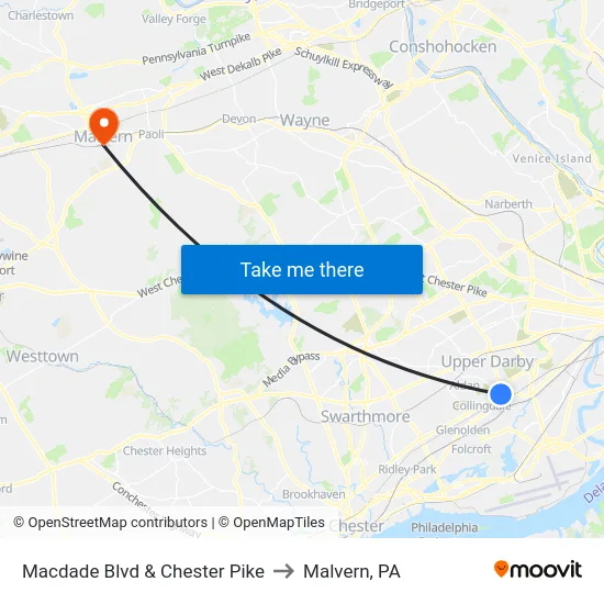 Macdade Blvd & Chester Pike to Malvern, PA map