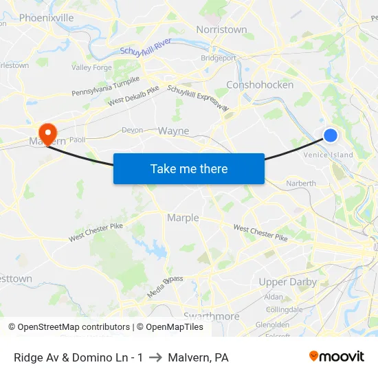 Ridge Av & Domino Ln - 1 to Malvern, PA map