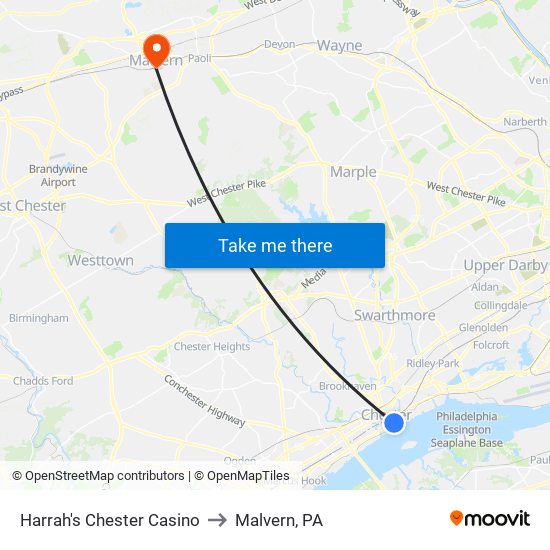 Harrah's Chester Casino to Malvern, PA map