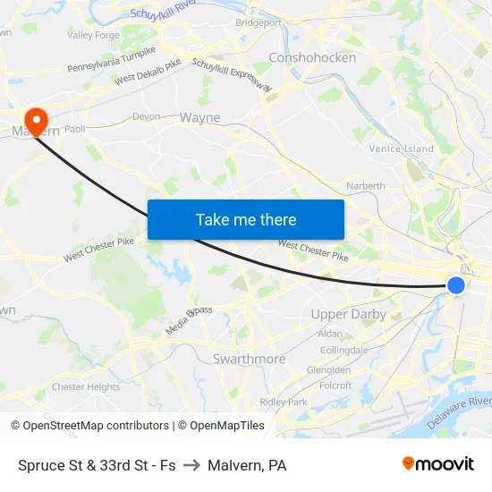 Spruce St & 33rd St - Fs to Malvern, PA map