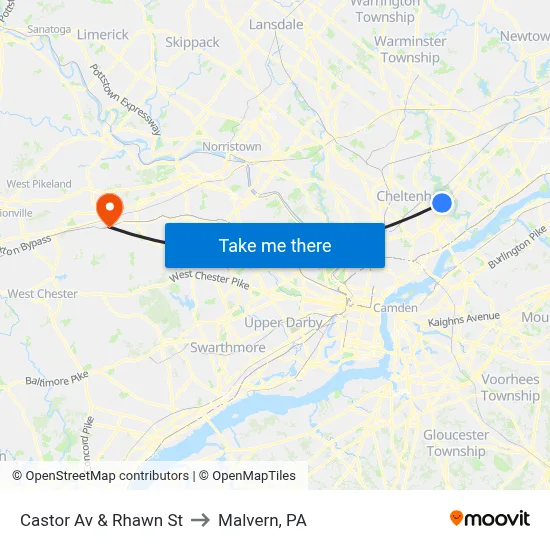 Castor Av & Rhawn St to Malvern, PA map