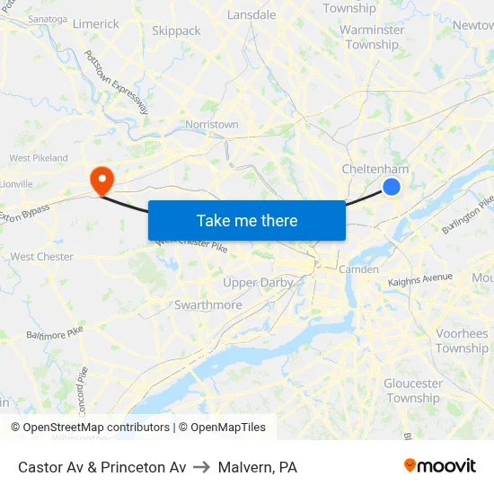 Castor Av & Princeton Av to Malvern, PA map