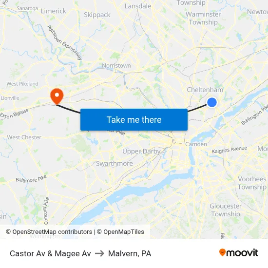 Castor Av & Magee Av to Malvern, PA map