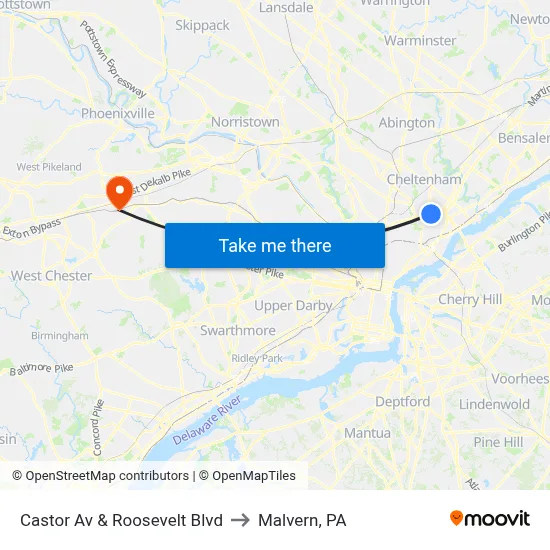 Castor Av & Roosevelt Blvd to Malvern, PA map