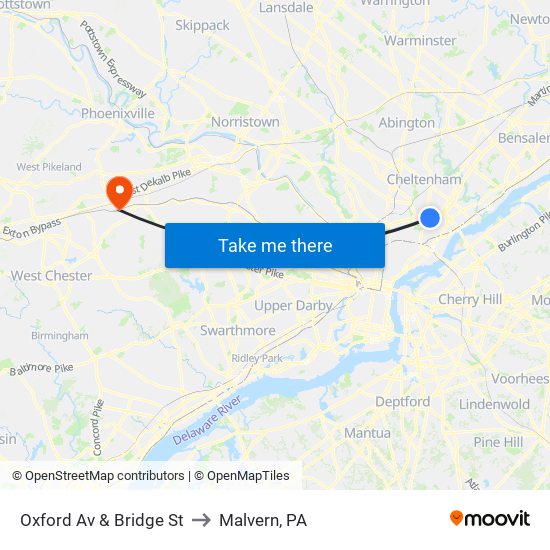 Oxford Av & Bridge St to Malvern, PA map