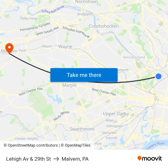 Lehigh Av & 29th St to Malvern, PA map