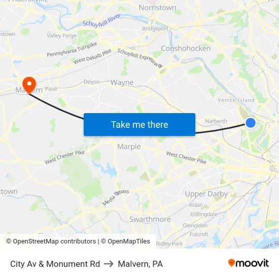 City Av & Monument Rd to Malvern, PA map