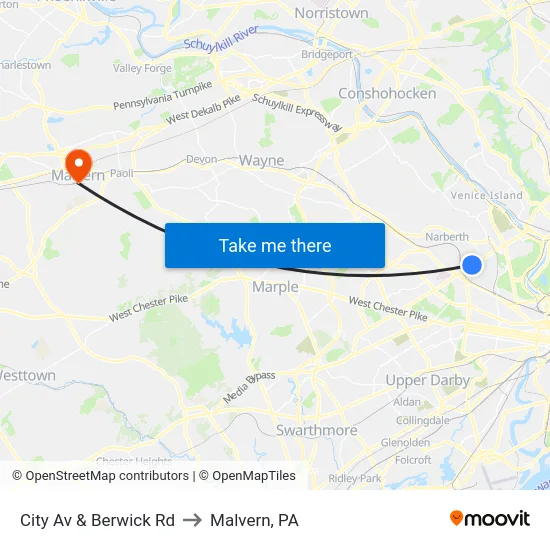 City Av & Berwick Rd to Malvern, PA map