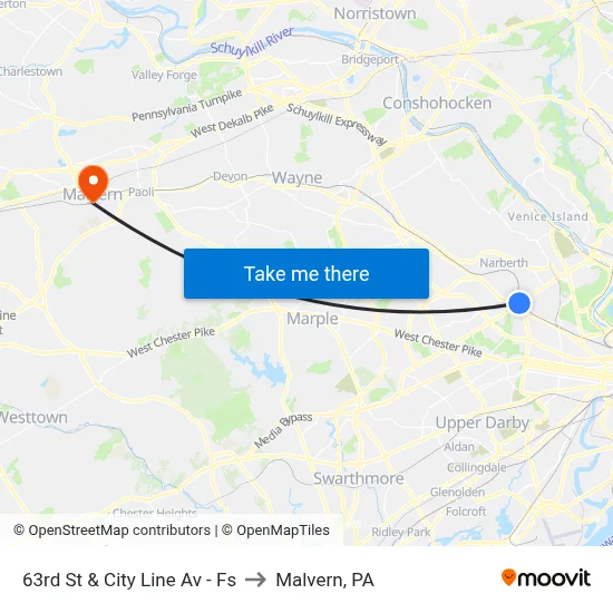 63rd St & City Line Av - Fs to Malvern, PA map