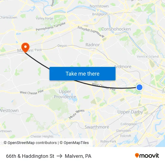 66th & Haddington St to Malvern, PA map