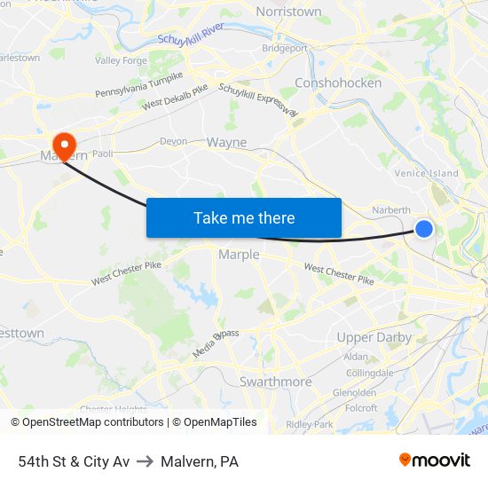 54th St & City Av to Malvern, PA map