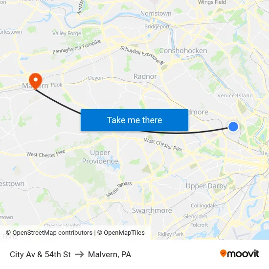 City Av & 54th St to Malvern, PA map