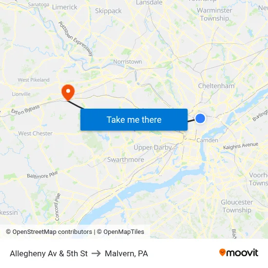 Allegheny Av & 5th St to Malvern, PA map