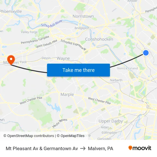 Mt Pleasant Av & Germantown Av to Malvern, PA map
