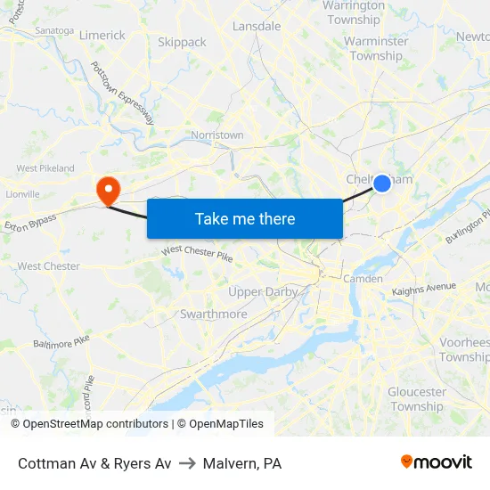 Cottman Av & Ryers Av to Malvern, PA map