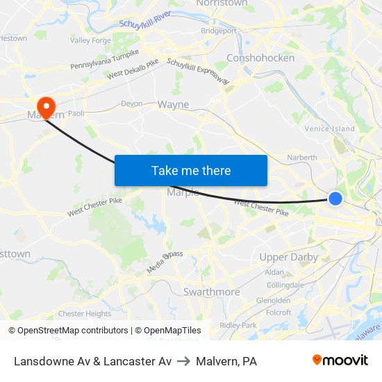 Lansdowne Av & Lancaster Av to Malvern, PA map