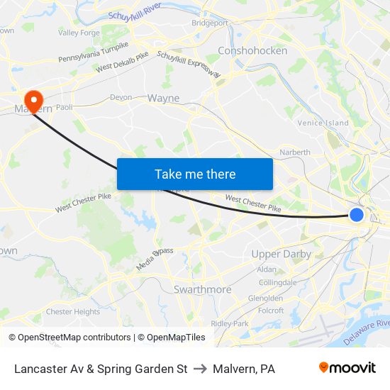 Lancaster Av & Spring Garden St to Malvern, PA map