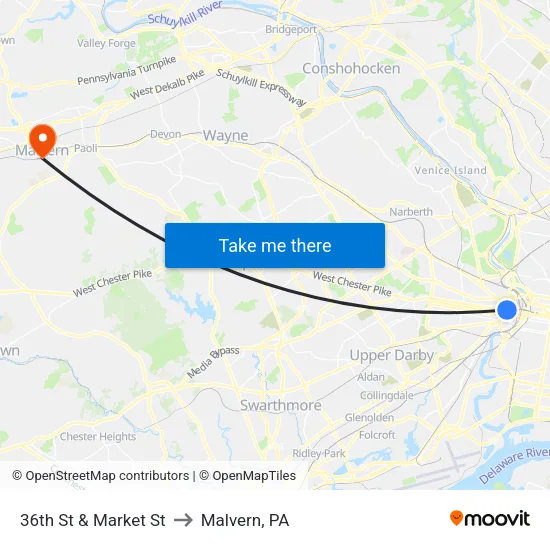 36th St & Market St to Malvern, PA map