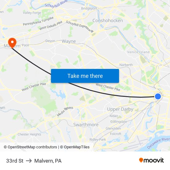 33rd St to Malvern, PA map