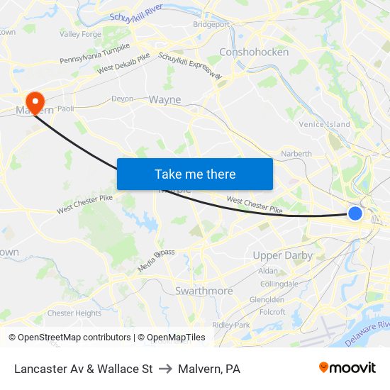 Lancaster Av & Wallace St to Malvern, PA map