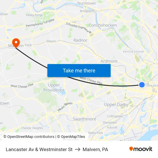 Lancaster Av & Westminster St to Malvern, PA map