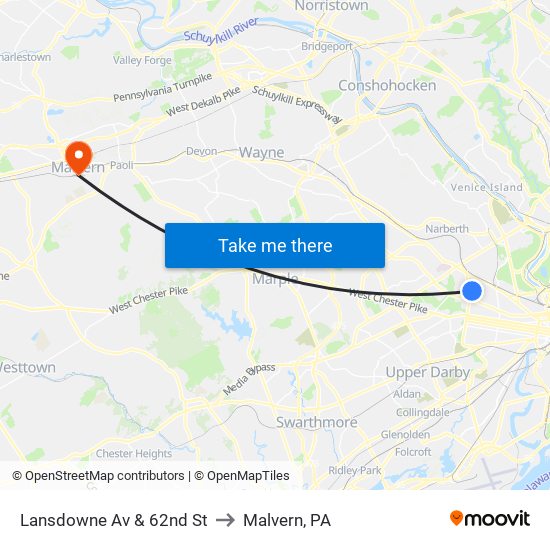 Lansdowne Av & 62nd St to Malvern, PA map