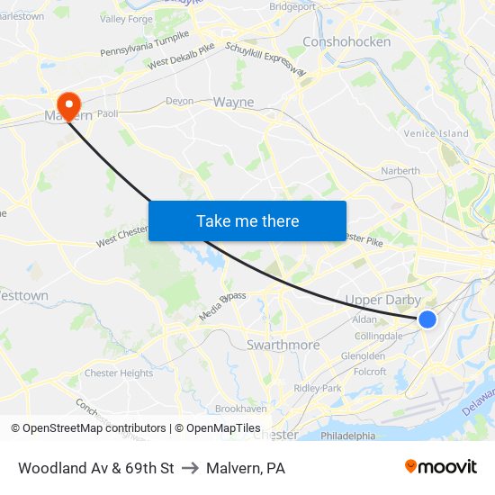 Woodland Av & 69th St to Malvern, PA map