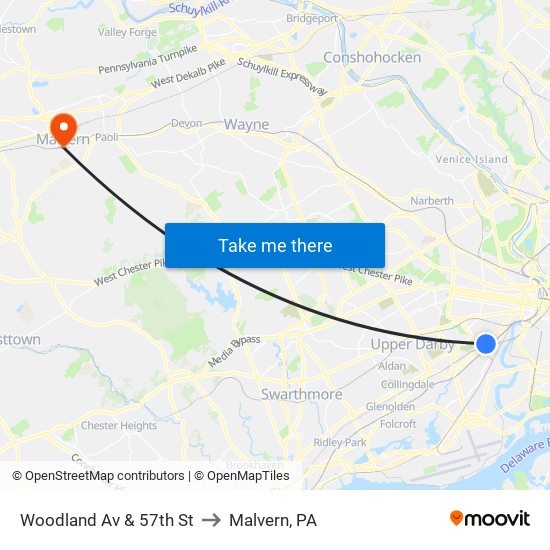 Woodland Av & 57th St to Malvern, PA map
