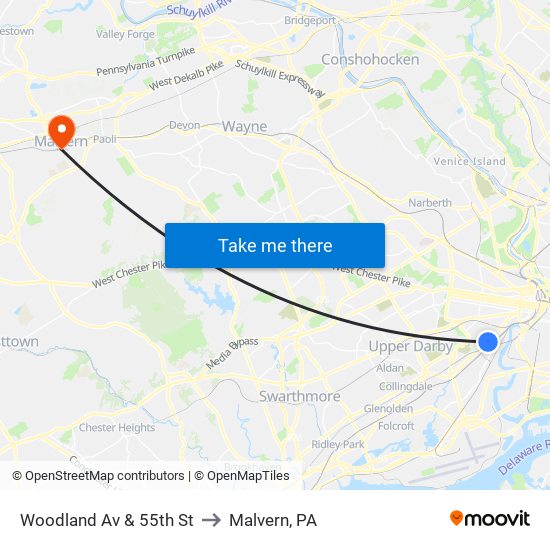 Woodland Av & 55th St to Malvern, PA map