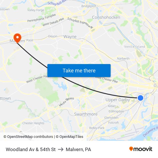 Woodland Av & 54th St to Malvern, PA map