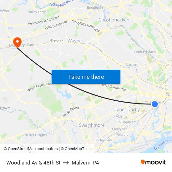 Woodland Av & 48th St to Malvern, PA map