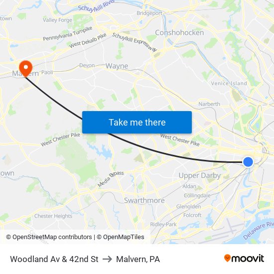 Woodland Av & 42nd St to Malvern, PA map