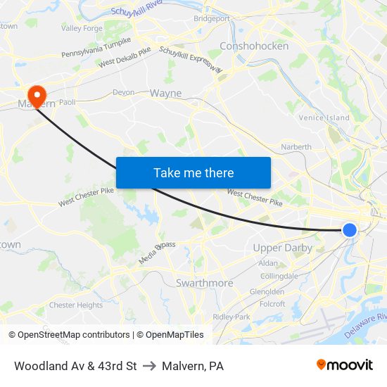 Woodland Av & 43rd St to Malvern, PA map
