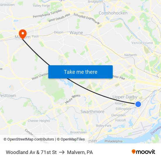 Woodland Av & 71st St to Malvern, PA map