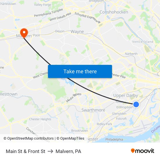 Main St & Front St to Malvern, PA map