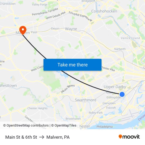 Main St & 6th St to Malvern, PA map