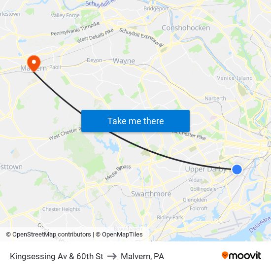 Kingsessing Av & 60th St to Malvern, PA map