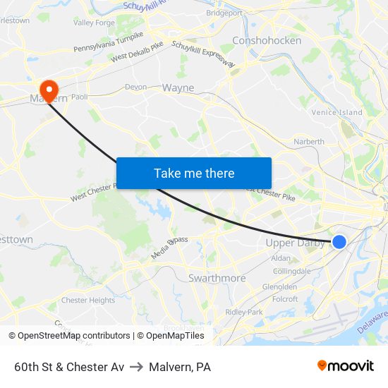60th St & Chester Av to Malvern, PA map