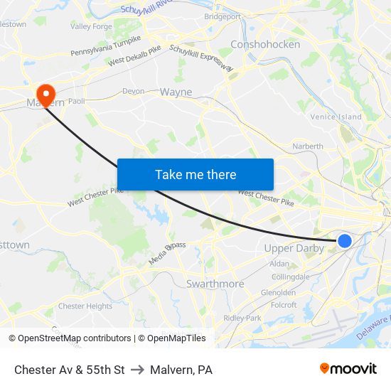 Chester Av & 55th St to Malvern, PA map