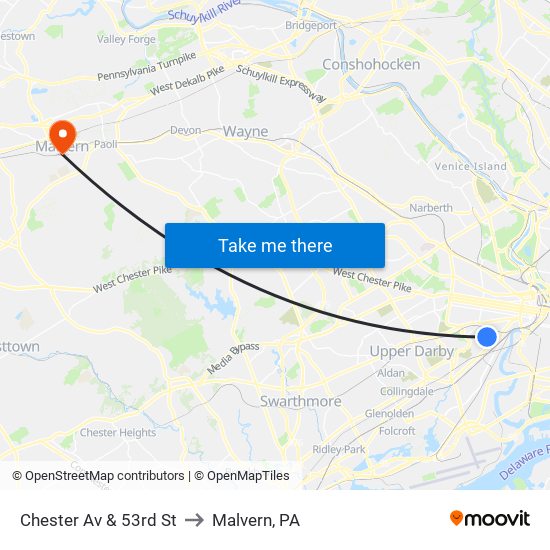 Chester Av & 53rd St to Malvern, PA map