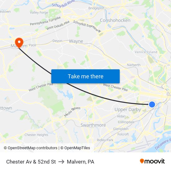 Chester Av & 52nd St to Malvern, PA map