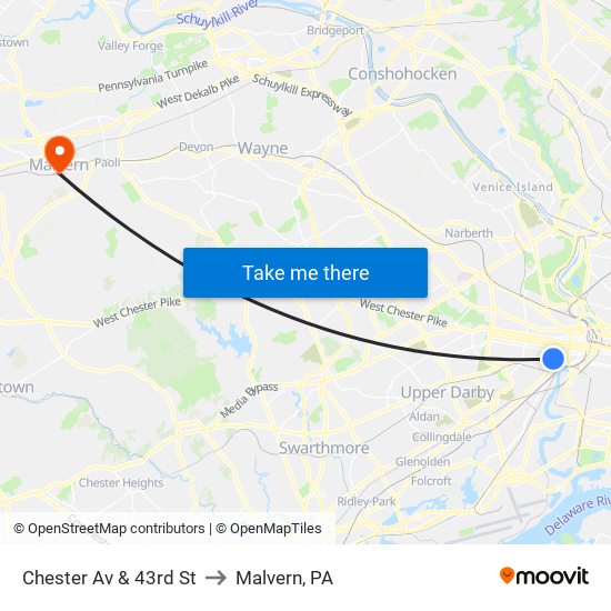 Chester Av & 43rd St to Malvern, PA map