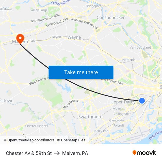 Chester Av & 59th St to Malvern, PA map