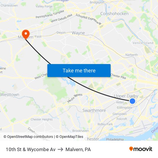10th St & Wycombe Av to Malvern, PA map