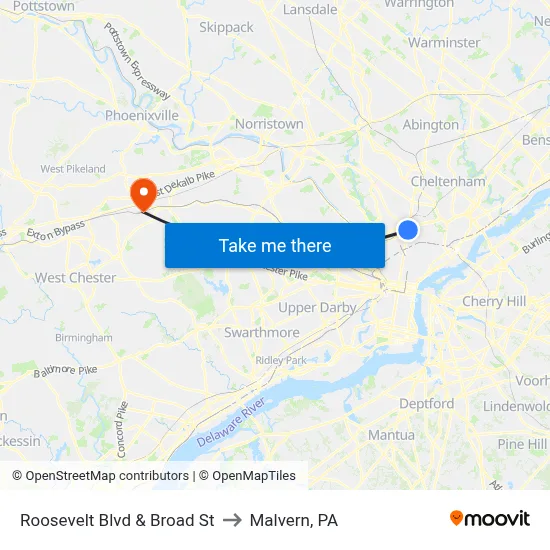 Roosevelt Blvd & Broad St to Malvern, PA map