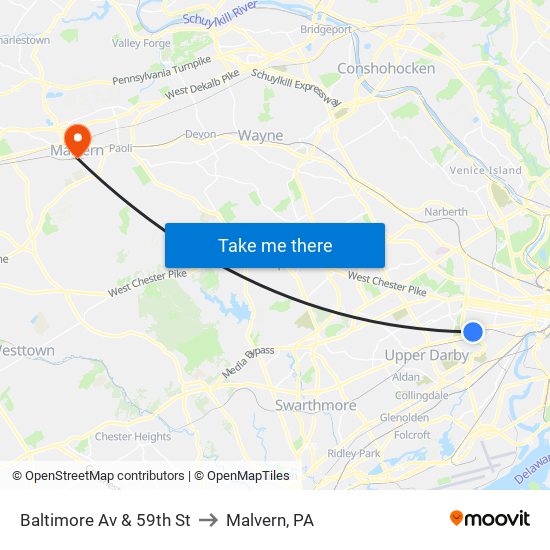 Baltimore Av & 59th St to Malvern, PA map