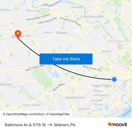 Baltimore Av & 57th St to Malvern, PA map