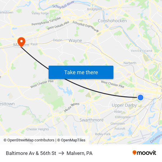 Baltimore Av & 56th St to Malvern, PA map